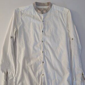 LCW men's long sleeve button down collarless linen shirt - white with tan accent